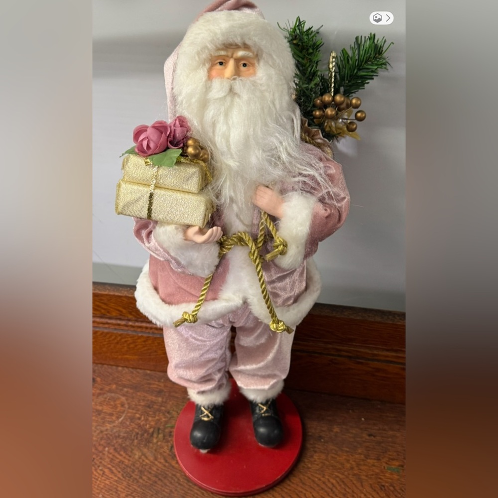 Vintage Pink Velvet Santa Figurine | Victorian Christmas Decor